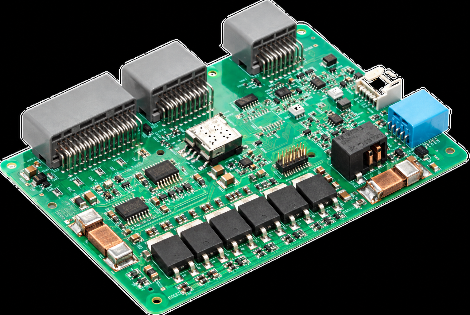 Battery management system circuit board with cell-monitoring electronics, high-current MOSFETs, copper shunts and pack connectors