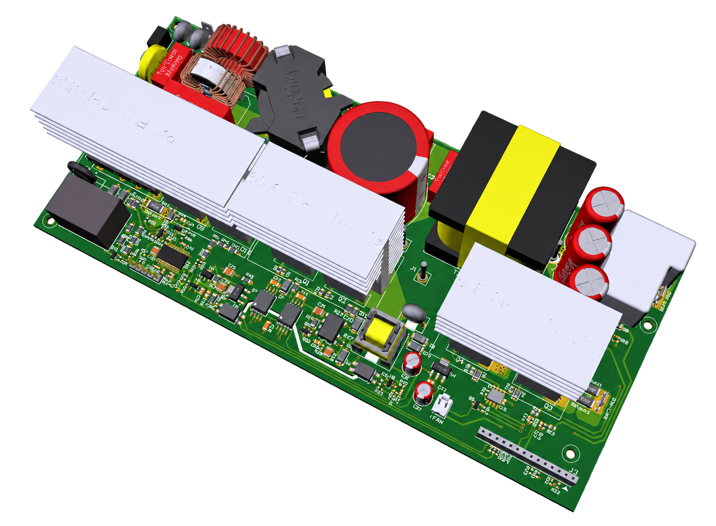 Microchip 2- and 3-wheeler EV charger reference power PCB with heatsinks, magnetics, capacitors and control electronics