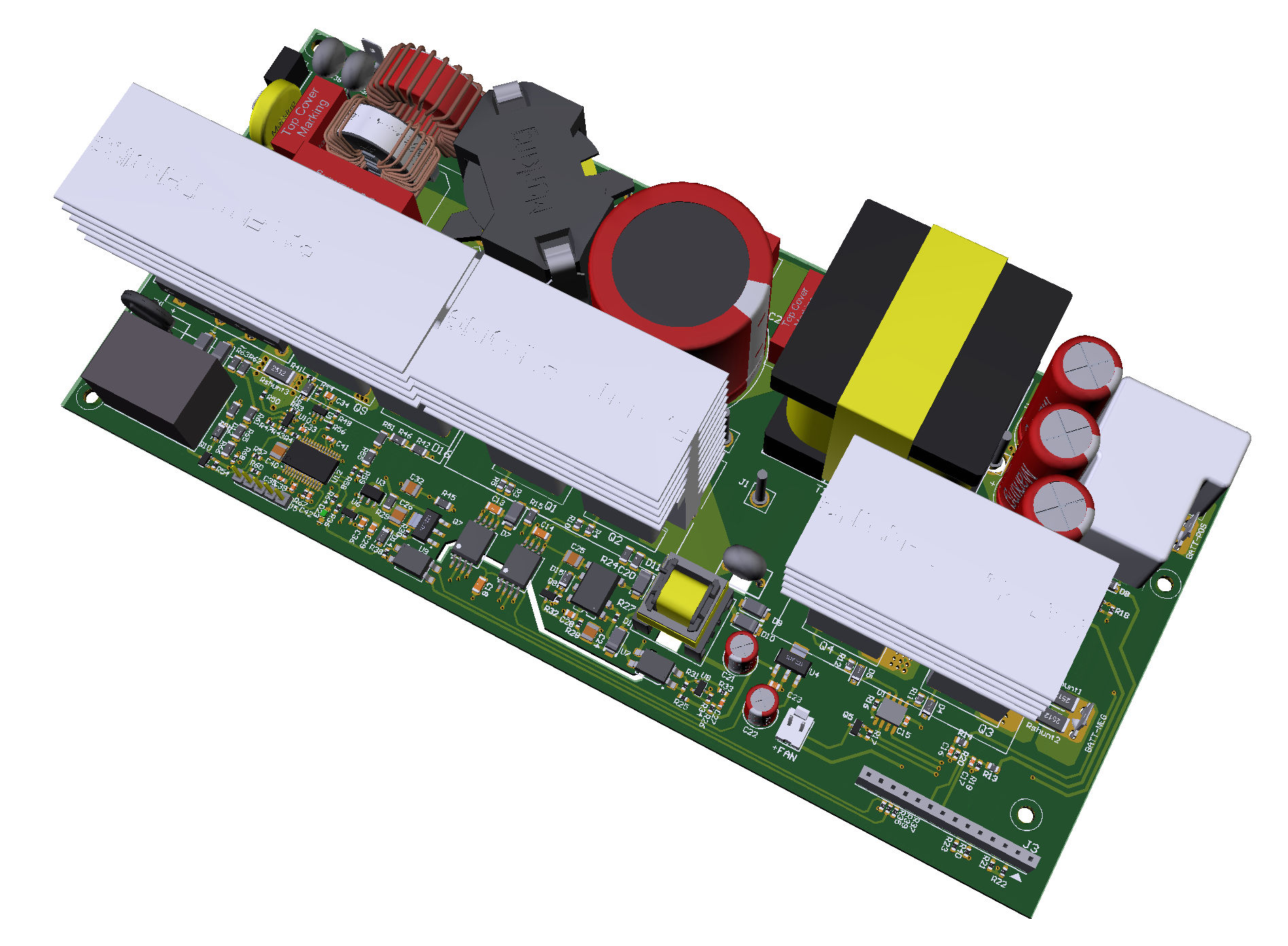 Microchip 2- and 3-wheeler EV charger reference power PCB with heatsinks, magnetics, capacitors and control electronics