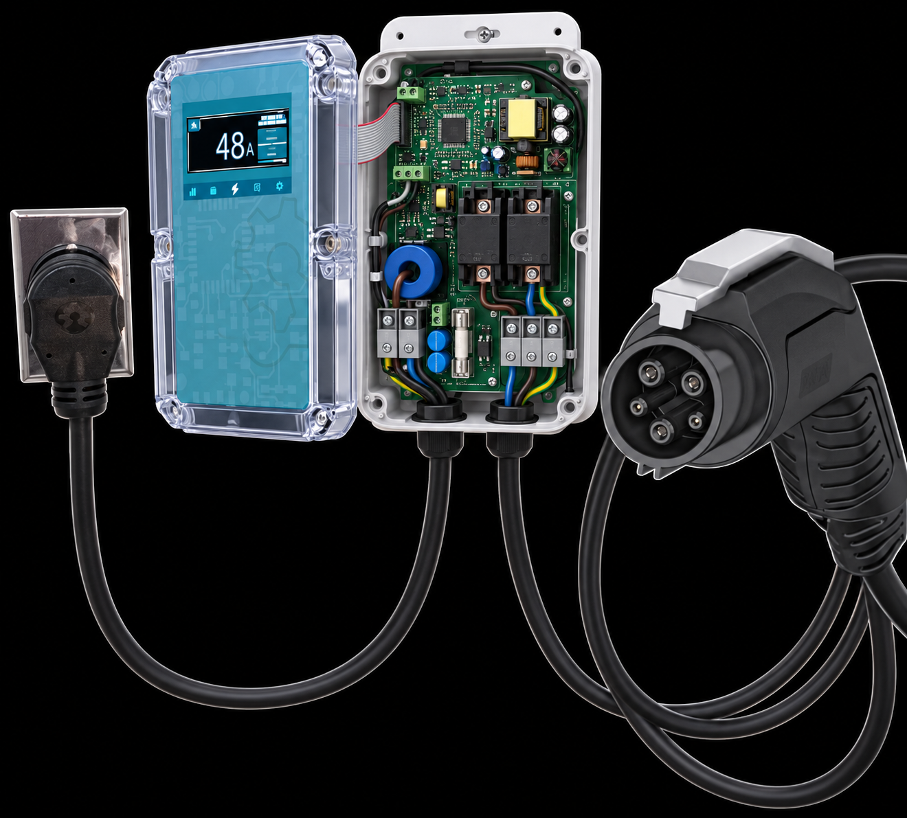 Cutaway view of an electric vehicle charging station showing its internal control and power PCB, display, cable and vehicle connector