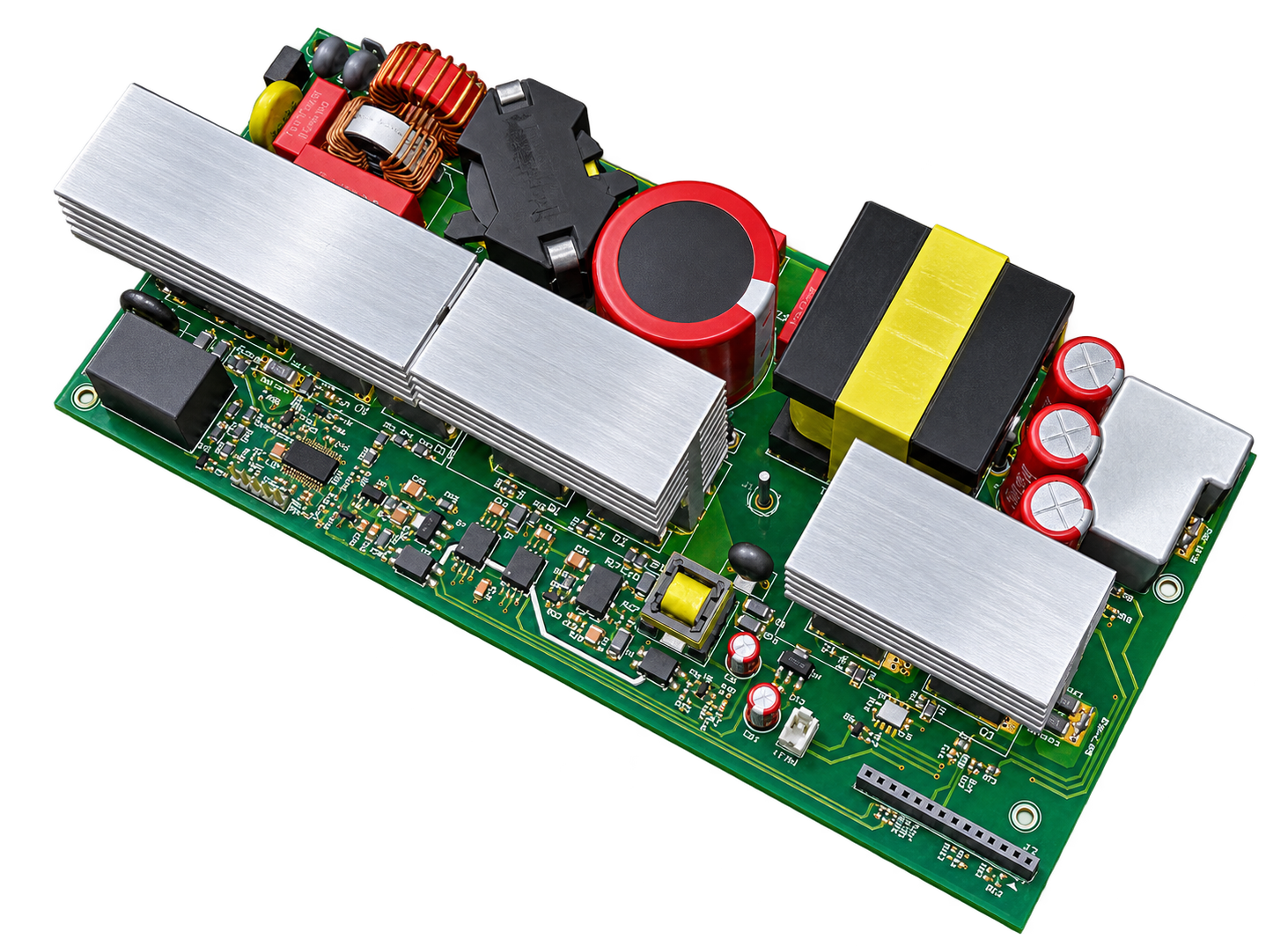 Photorealistic visualization of an EV charger power PCB with aluminum heatsinks, copper magnetics and control electronics, based on the Microchip reference design