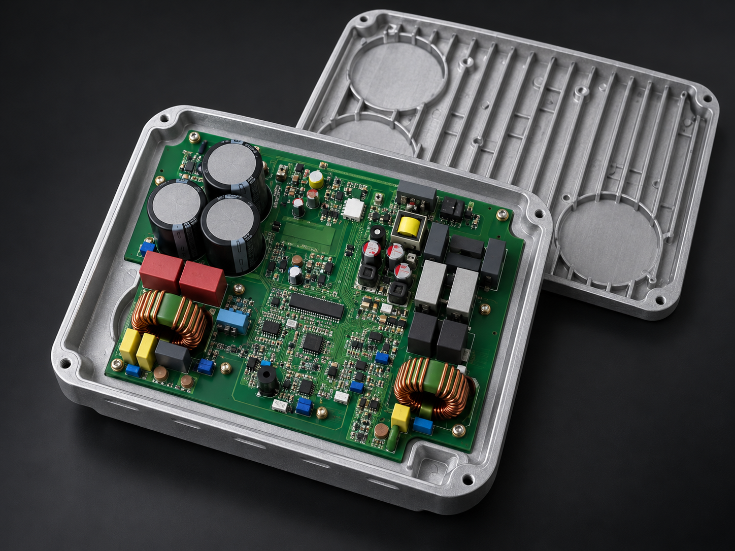 Grid-tie solar inverter electronics inside a cast-aluminium enclosure, showing three DC-link capacitors, dual wound magnetics and embedded control circuitry