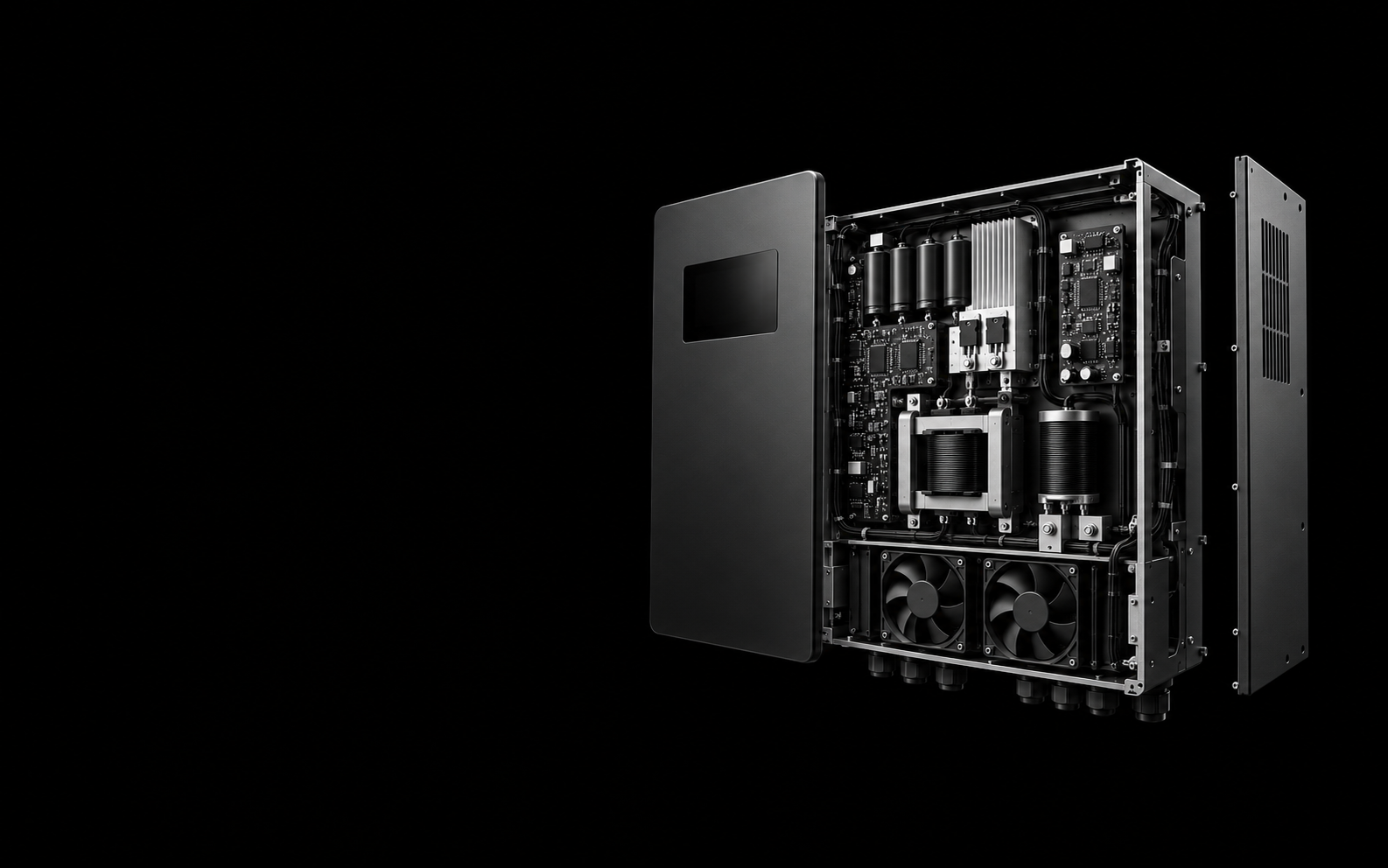 Exploded-open power inverter showing its enclosure panels, power electronics, control circuitry, magnetics and dual cooling fans
