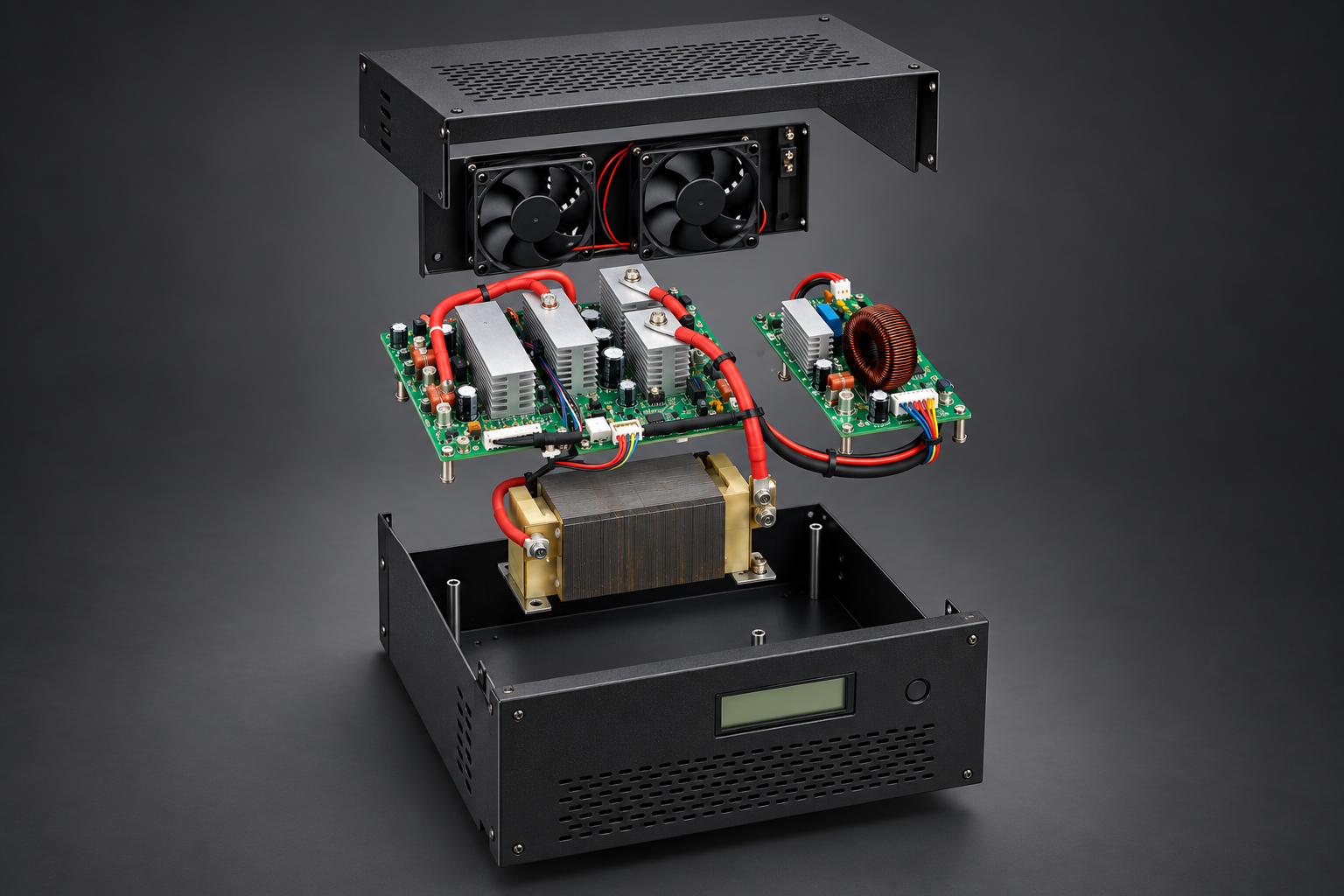 Exploded view of the Wyre Off-Grid Solar PCU showing dual cooling fans, inverter and MPPT PCBs, transformer, inductor and enclosure