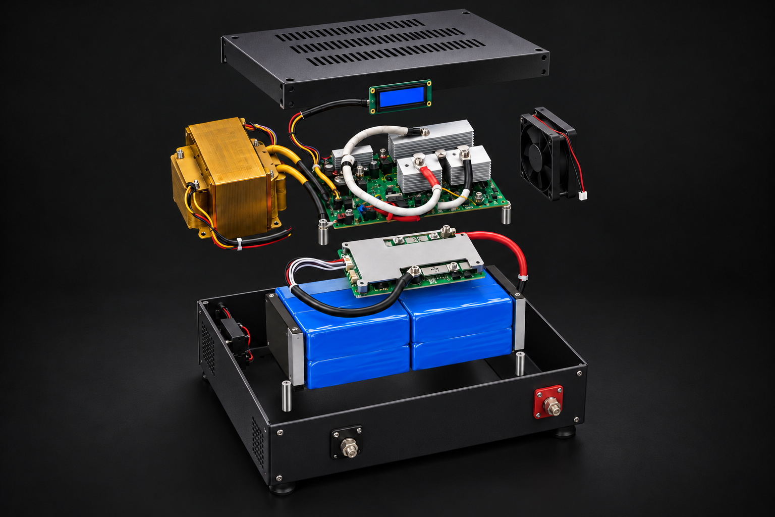 Exploded view of the Wyre pure sine wave ESS showing its battery pack, BMS, inverter power board, transformer, cooling fan and enclosure